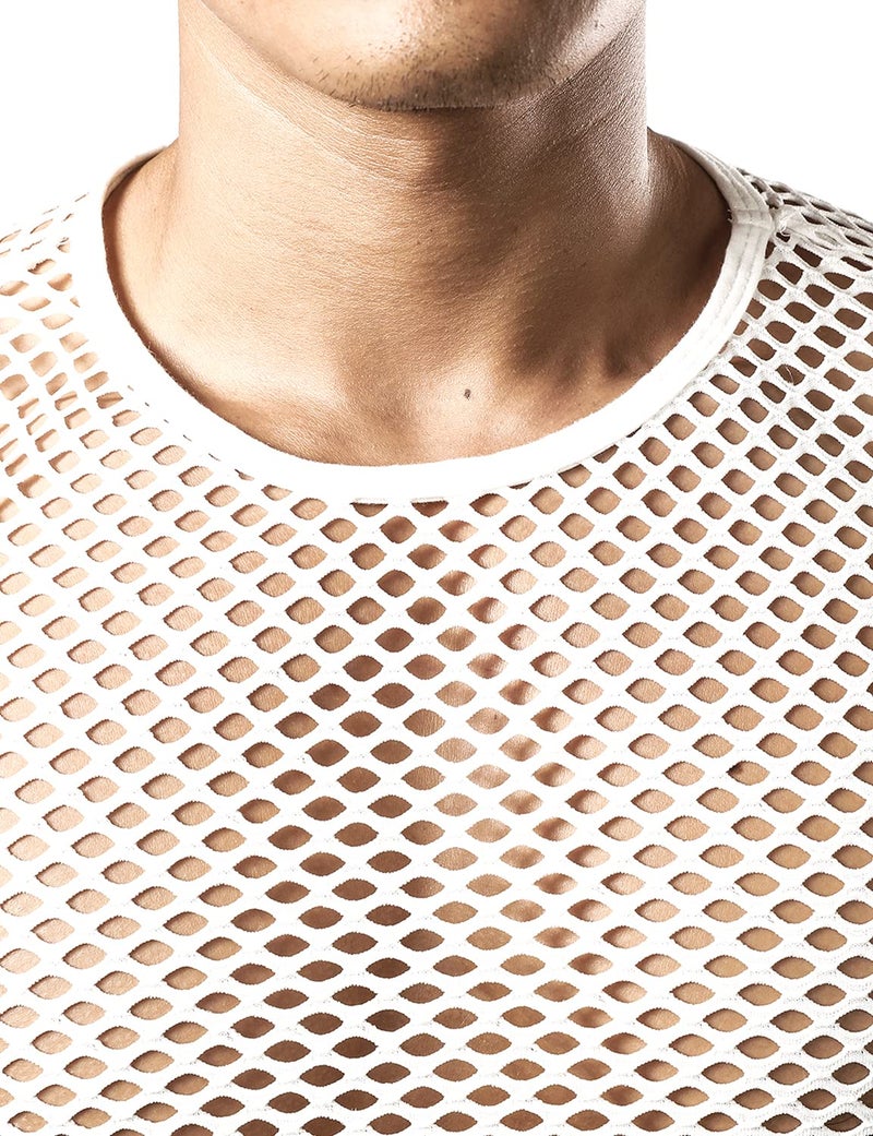 JOGAL Men's Mesh Fishnet Fitted Short Sleeve Muscle Top Large WG02 White - Image 5